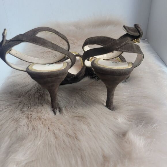 PRADA BROWN SUEDE OPEN-TOE ANKLE-STRAP HI-HEEL SLINGBACK SANDALS - Picture 4 of 8